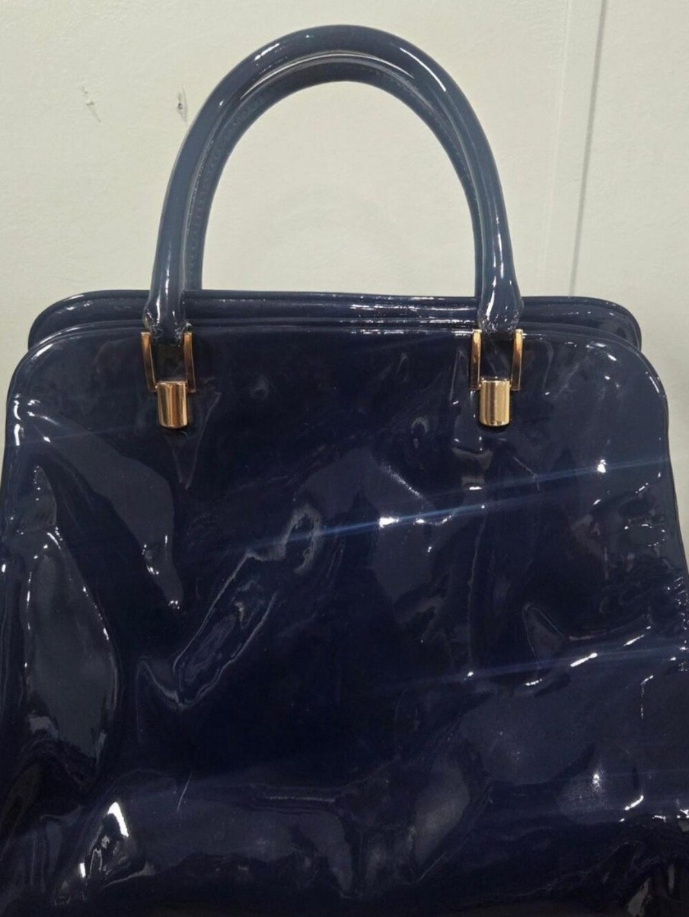 Glossy Navy Patent Satchel with Gold Accents